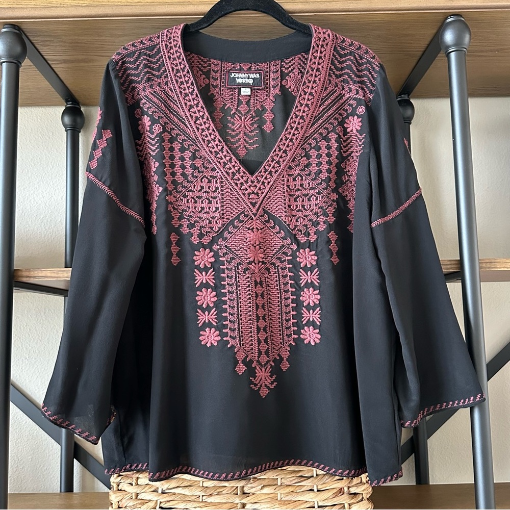 Johnny Was Black and Plum Embroidered Top Size S
